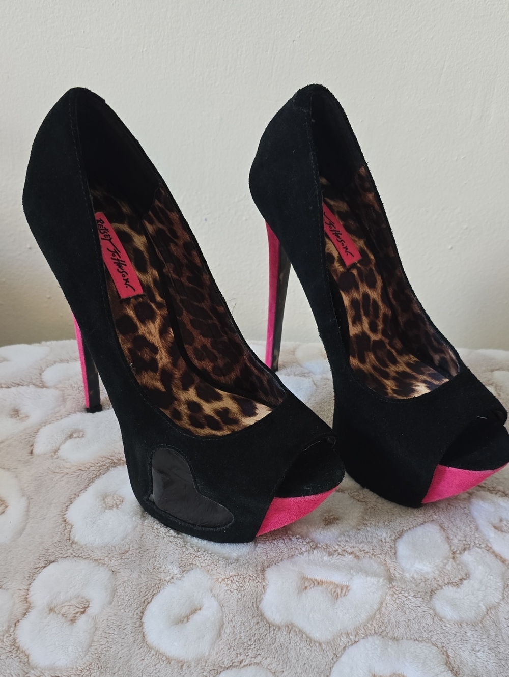 Betsey Johnson Black Suede Peep-Toe Heels with Pink Accents